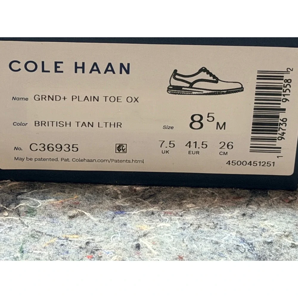 Cole‎ Haan GRND+ Plain Toe Oxford Mens 8.5 British Tan Leather Shoes C36935 NEW